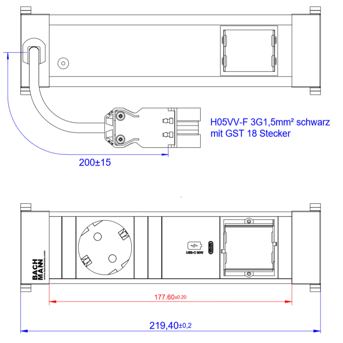 Bachmann Power Frame 1xCEE7/3916.5051xUSB C 30W 1xCM 0.2m GST18 Bachmann Power Frame 1xCEE7/3916.5051xUSB C 30W 1xCM 0.2m GST18