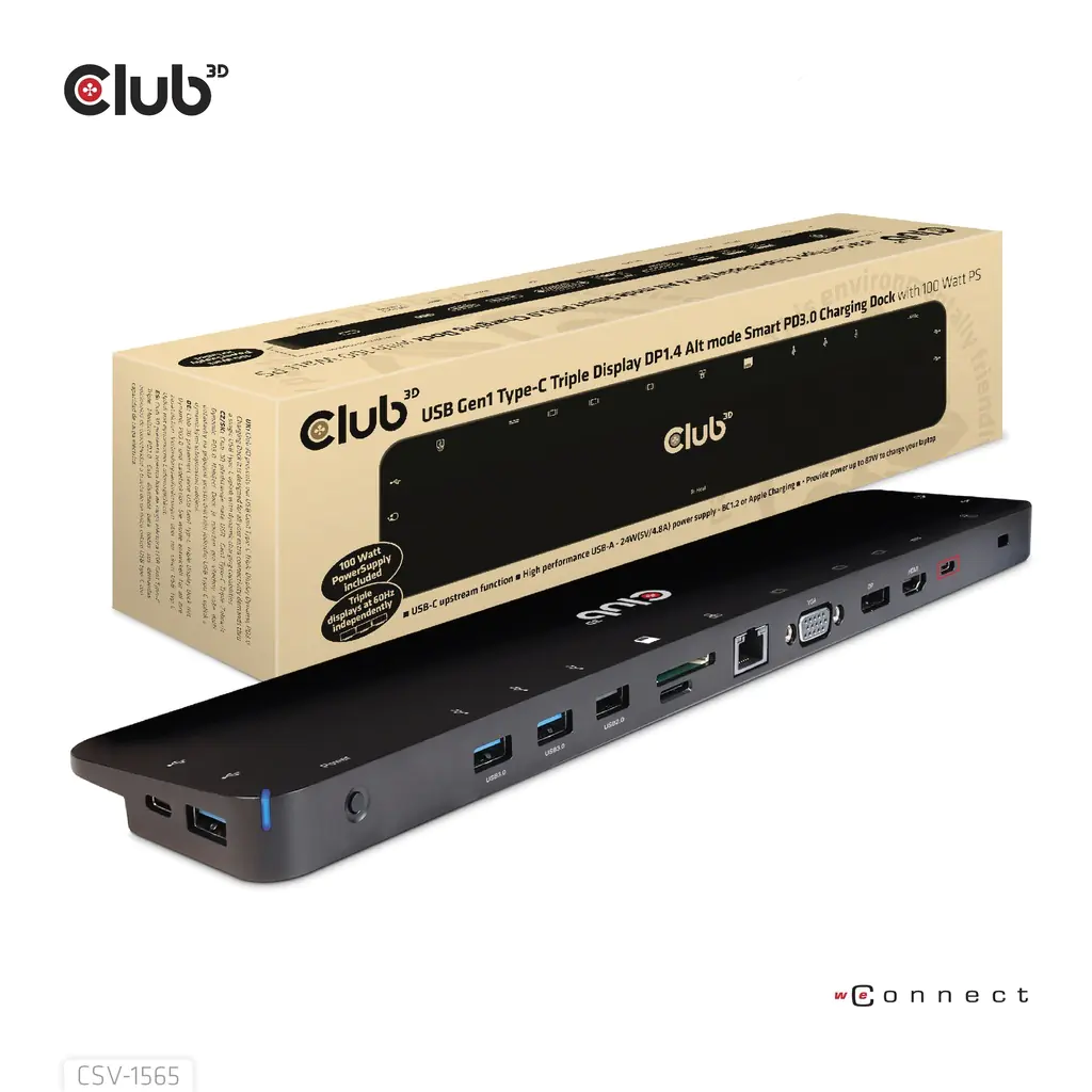 Club 3D CSV-1565 - Dockingstation - USB-C - VGA, HDMI, DP - 1GbE - 100 Watt