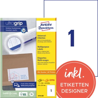 Avery Zweckform Universaletikett 3478 210x297mm weiß 100 St./Pack. Avery Zweckform Universaletikett 3478 210x297mm weiß 100 St./Pack.