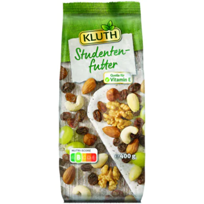 KLUTH Studentenfutter Weinbeeren, leckeren Walnusskernen, knackigen Haselnusskernen, braunen Mandelkernen, milden Cashewkernen, blanchierten Mandelkernen 400 g/Pack. KLUTH Studentenfutter Weinbeeren, leckeren Walnusskernen, knackigen Haselnusskernen, braunen Mandelkernen, milden Cashewkernen, blanchierten Mandelkernen 400 g/Pack.