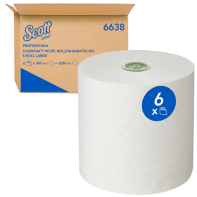Scott® Handtuchrolle Essential™ 19,5 cm x 380 m (B x L) Papier, 100 % recycelbar weiß 6 Rl./Pack. Scott® Handtuchrolle Essential™ 19,5 cm x 380 m (B x L) Papier, 100 % recycelbar weiß 6 Rl./Pack.
