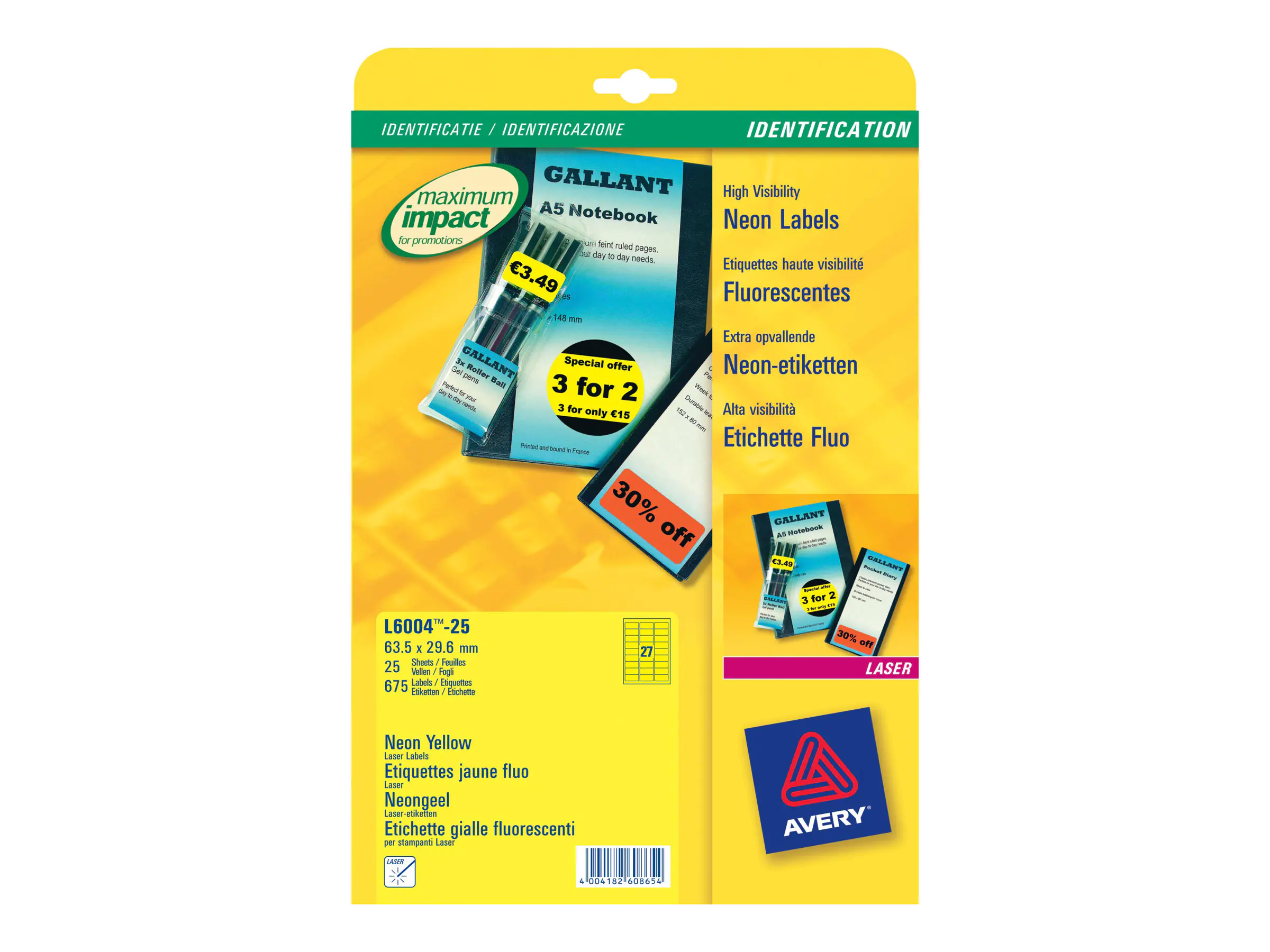 Avery Zweckform Etikett L6004-25 63,5x29,6mm neongelb 675 St./Pack.