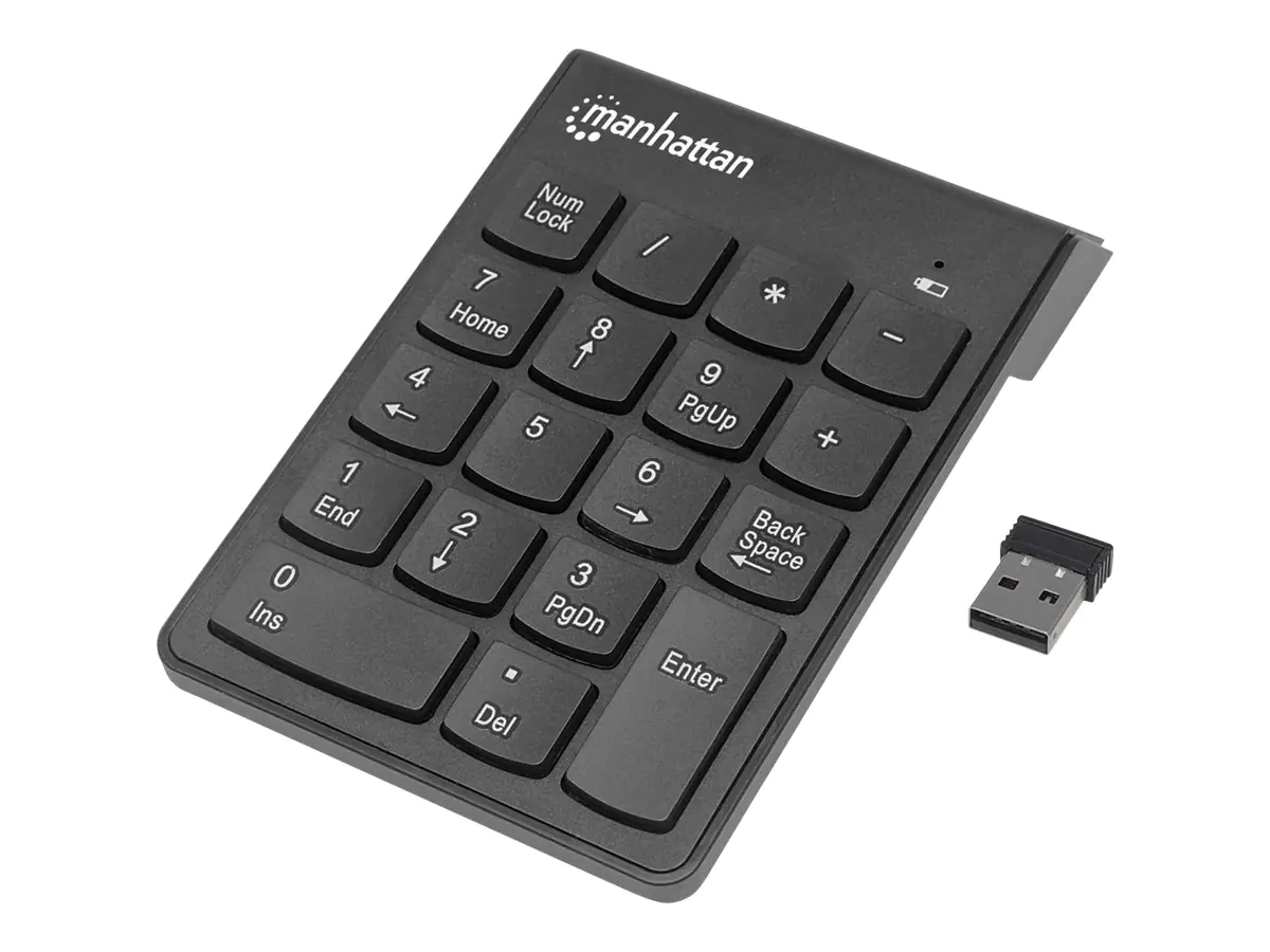Manhattan Numeric Keypad, Wireless (2.4GHz), USB-A Micro Receiver, 18 Full Size Keys, Black, Membrane Key Switches, Auto Power Management, Range 10m, AAA Battery (included), Windows and Mac, Three Year Warranty, Blister - Tastenfeld - kabellos - 2.4 GHz - Manhattan Numeric Keypad, Wireless (2.4GHz), USB-A Micro Receiver, 18 Full Size Keys, Black, Membrane Key Switches, Auto Power Management, Range 10m, AAA Battery (included), Windows and Mac, Three Year Warranty, Blister - Tastenfeld - kabellos - 2.4 GHz -