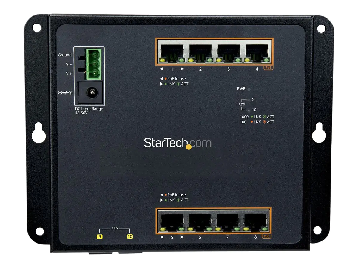 StarTech 8 Port PoE+ Gigabit Ethernet Switch plus 2 SFP Ports - Industrieller Managed Gigabit Switch - Wandmontage mit Front Zugriff - Switch - managed - 8 x 10/100/1000 (PoE+) + 2 x SFP - an DIN-Schiene montierbar, wandmontierbar - PoE+ (200 W) - für P/N