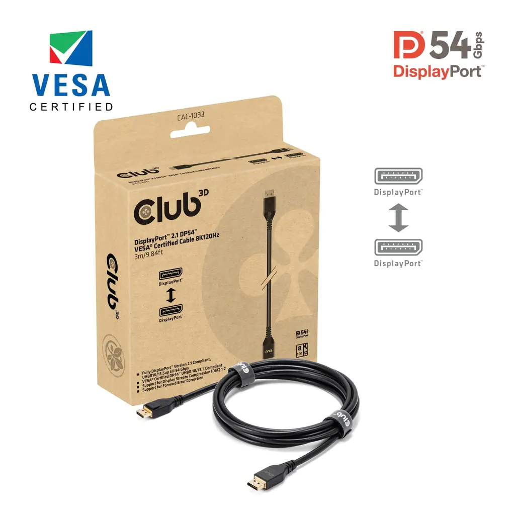 Club 3D DisplayPort 2.1 DP54 VESA® zertifiziertes Kabel 8K120Hz 3m