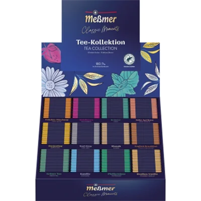 Meßmer Tee Collection Box Darjeeling, Earl Grey, Klassik, English Breakfast, Grüner Tee, Kamille, Pfefferminze, Rooibos-Vanille, Früchte-Mischung, Waldbeere, Kräuter, Süsse Aprikose 180 St./Pack. Meßmer Tee Collection Box Darjeeling, Earl Grey, Klassik, English Breakfast, Grüner Tee, Kamille, Pfefferminze, Rooibos-Vanille, Früchte-Mischung, Waldbeere, Kräuter, Süsse Aprikose 180 St./Pack.