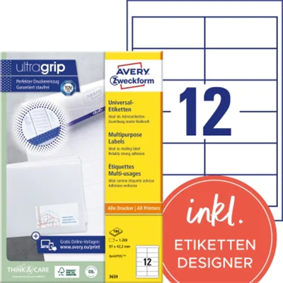 Avery Zweckform Universaletikett 3659 97x42,3mm weiß 1.200 St./Pack. Avery Zweckform Universaletikett 3659 97x42,3mm weiß 1.200 St./Pack.