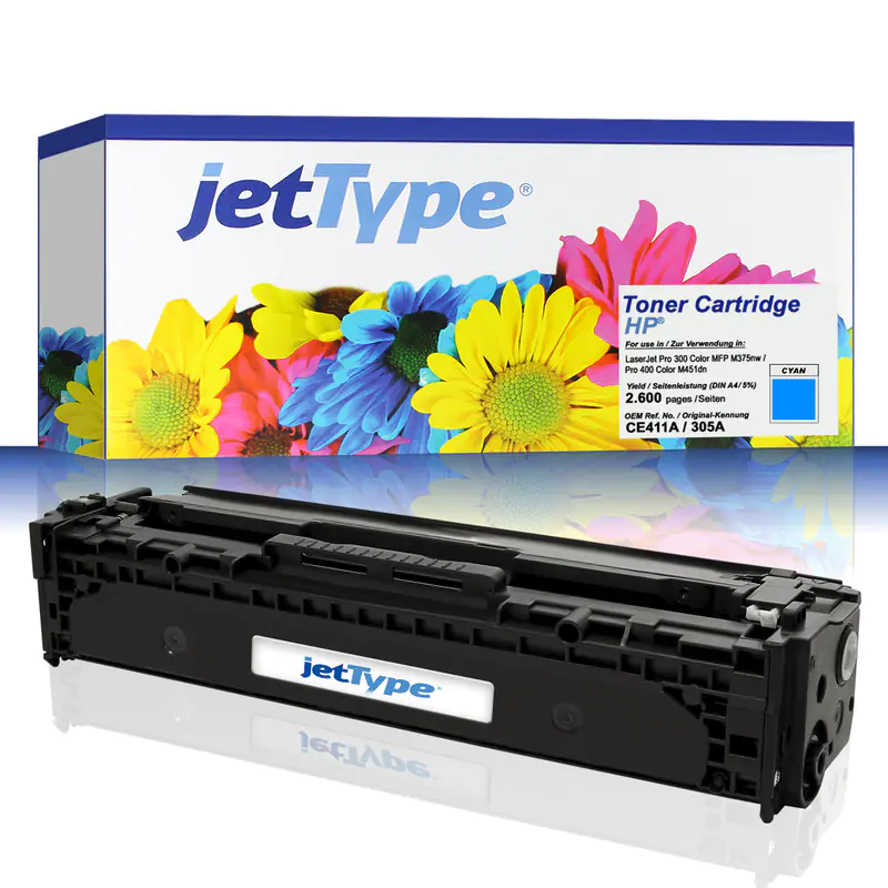 jetType Toner kompatibel zu HP CE411A 305A cyan 2.600 Seiten 1 Stück jetType Toner kompatibel zu HP CE411A 305A cyan 2.600 Seiten 1 Stück