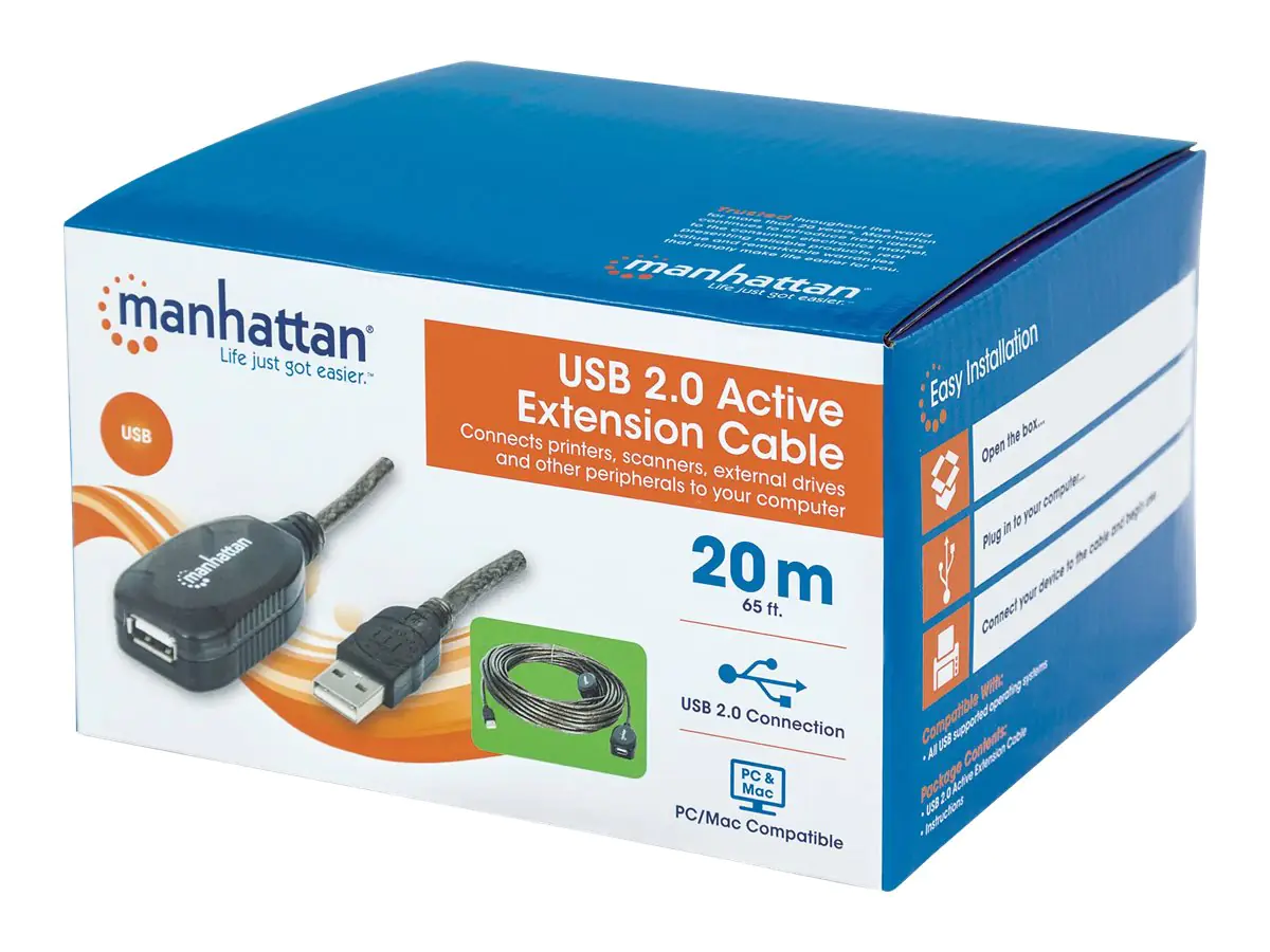Manhattan USB-A to USB-A Extension Cable, 20m, Male to Female, Active, 480 Mbps (USB 2.0), Daisy-Chainable, Built In Repeater, Hi-Speed USB, Black, Three Year Warranty, Boxed - USB-Verlängerungskabel - USB (M) zu USB (W) - USB 2.0 - 20 m - aktiv