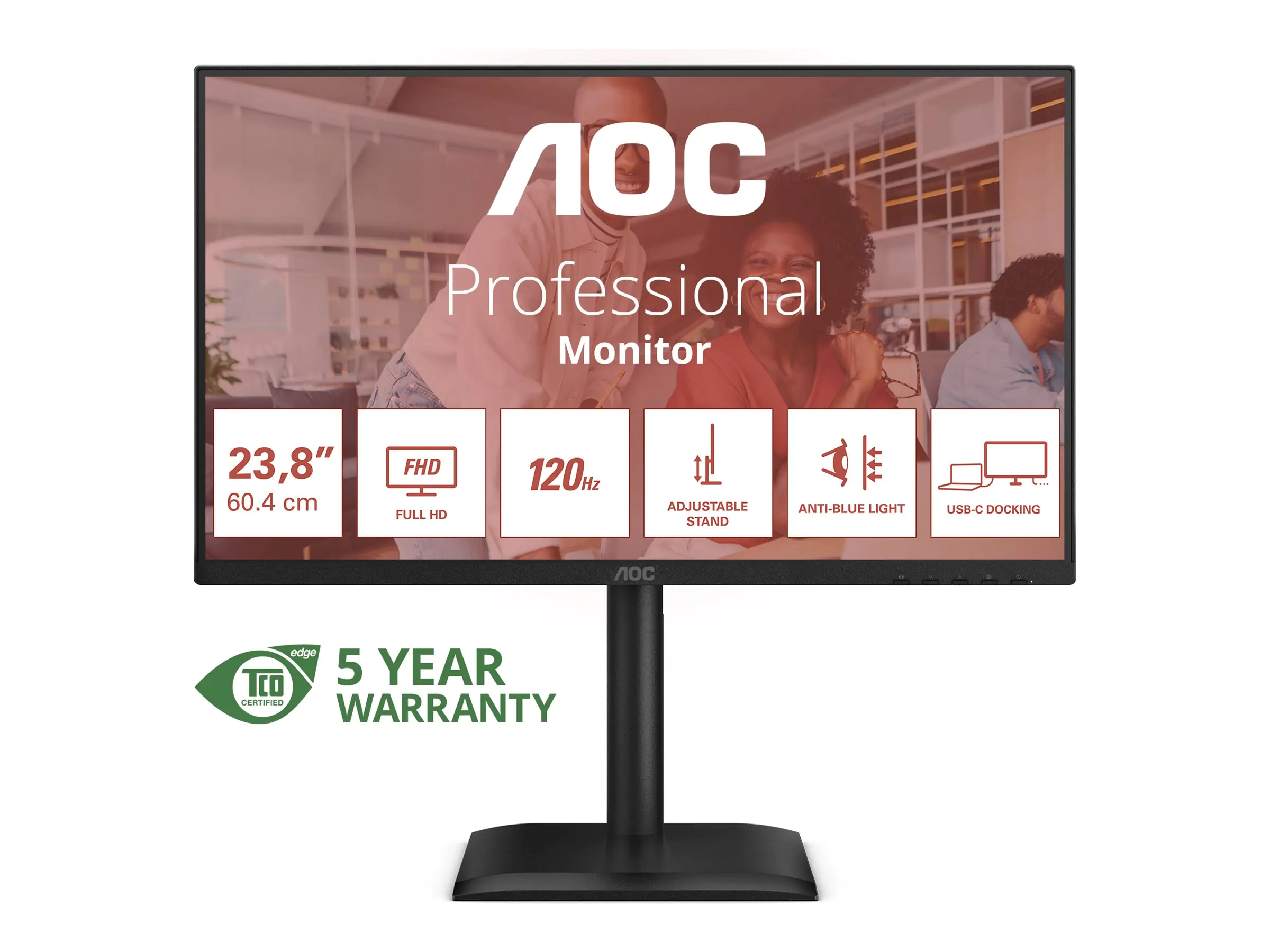 AOC 24E4CV - LED-Monitor - 61 cm (24") (23.8" sichtbar) - 1920 x 1080 Full HD (1080p) @ 120 Hz - IPS - 300 cd/m² - 1500:1 - 4 ms - HDMI, DisplayPort, USB-C - Lautsprecher - Schwarz