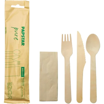PAPSTAR Besteckgarnitur pure Einweg je 1 x Serviette, Messer, Gabel, Löffel Holz braun