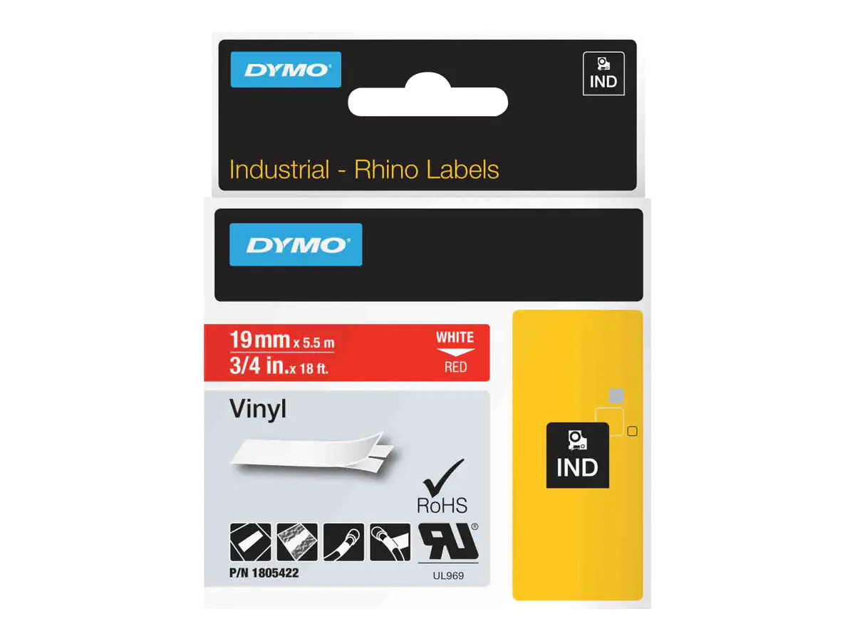 Dymo Rhino Coloured Vinyl - Vinyl - permanenter Klebstoff - Weiß auf Rot - Roll (1.9 cm x 5.5 m)