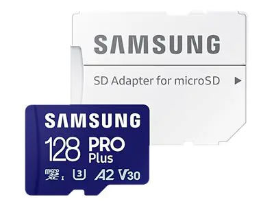 Samsung PRO Plus MB-MD128SA - Flash-Speicherkarte (microSDXC-an-SD-Adapter inbegriffen) - 128 GB - A2 / Video Class V30 / UHS-I U3 - microSDXC UHS-I - Blau Samsung PRO Plus MB-MD128SA - Flash-Speicherkarte (microSDXC-an-SD-Adapter inbegriffen) - 128 GB - A2 / Video Class V30 / UHS-I U3 - microSDXC UHS-I - Blau