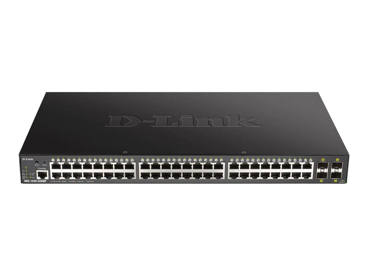 D-Link DGS 1250-52XMP - Switch - L3 Lite - Smart - 48 x 10/100/1000 (PoE) + 4 x 10 Gigabit SFP+ - an Rack montierbar - PoE (370 W)