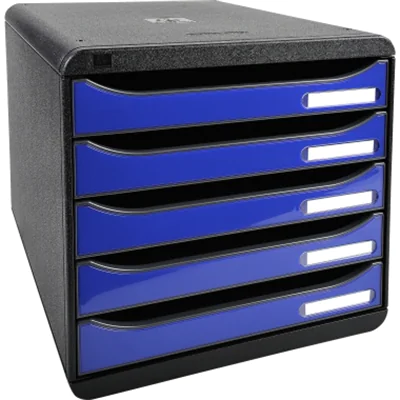 Exacompta Schubladenbox BIG-BOX plus 5 Schubladen DIN A4, Überbreite Polystyrol Gehäusefarbe: schwarz Farbe der Schublade: königsblau glossy