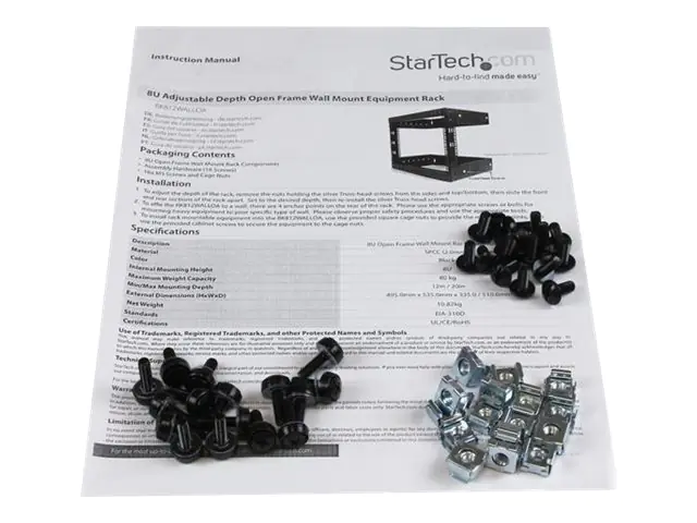 StarTech 8U 19" Wall Mount Network Rack - 12" Deep 2 Post Open Frame Server Room Rack for Data/AV/IT/Computer Equipment/Patch Panel with Cage Nuts & Screws 135lb Capacity, Black (RK812WALLO) - Schrank - Schwarz - 8U - 48.3 cm (19") - für P/N: CABCAGENUTS6