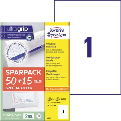 Avery Zweckform Universaletikett ultragrip 210 x 297 mm (B x H) nicht wieder ablösbar Papier weiß 65 Etik./Pack. Avery Zweckform Universaletikett ultragrip 210 x 297 mm (B x H) nicht wieder ablösbar Papier weiß 65 Etik./Pack.