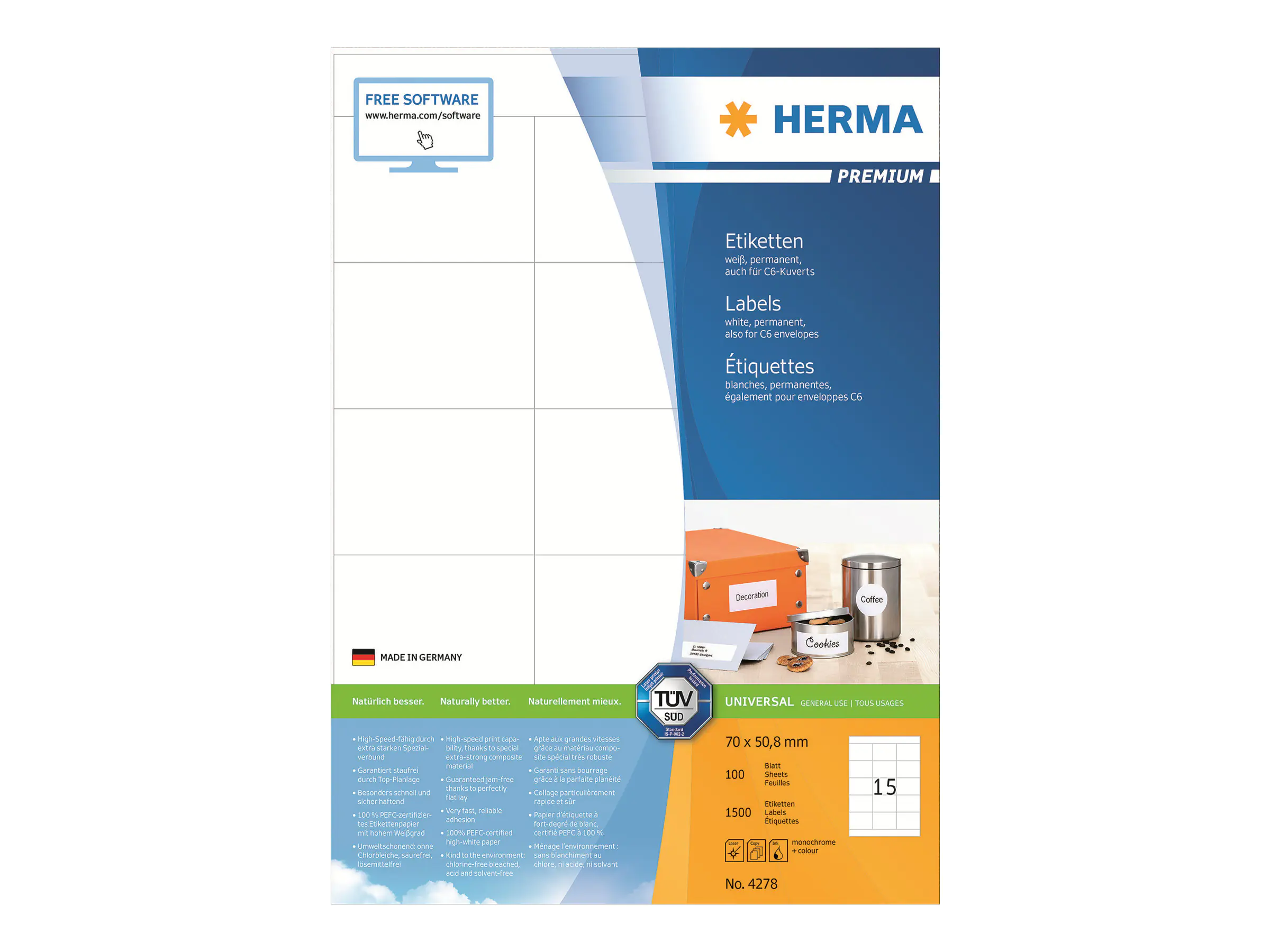 HERMA Etikett PREMIUM 4278 70x50,8mm weiß 1.500 St./Pack.