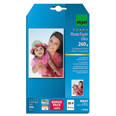 SIGEL Fotopapier Ultra 10 x 15 cm (B x H) 260g/m² weiß hochglänzend 24 Bl./Pack. SIGEL Fotopapier Ultra 10 x 15 cm (B x H) 260g/m² weiß hochglänzend 24 Bl./Pack.