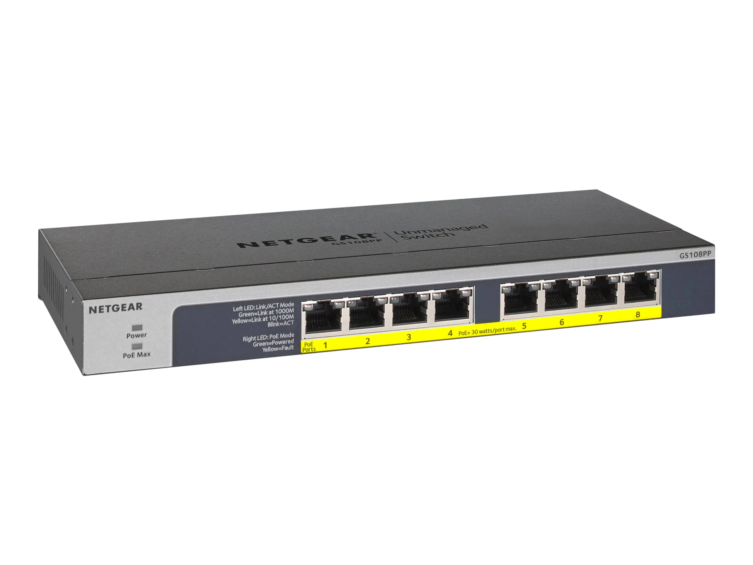 NETGEAR GS108PP - Switch - 8 x 10/100/1000 (PoE+) - Desktop, an Rack montierbar, wandmontierbar - PoE+ (123 W) - Gleichstrom NETGEAR GS108PP - Switch - 8 x 10/100/1000 (PoE+) - Desktop, an Rack montierbar, wandmontierbar - PoE+ (123 W) - Gleichstrom