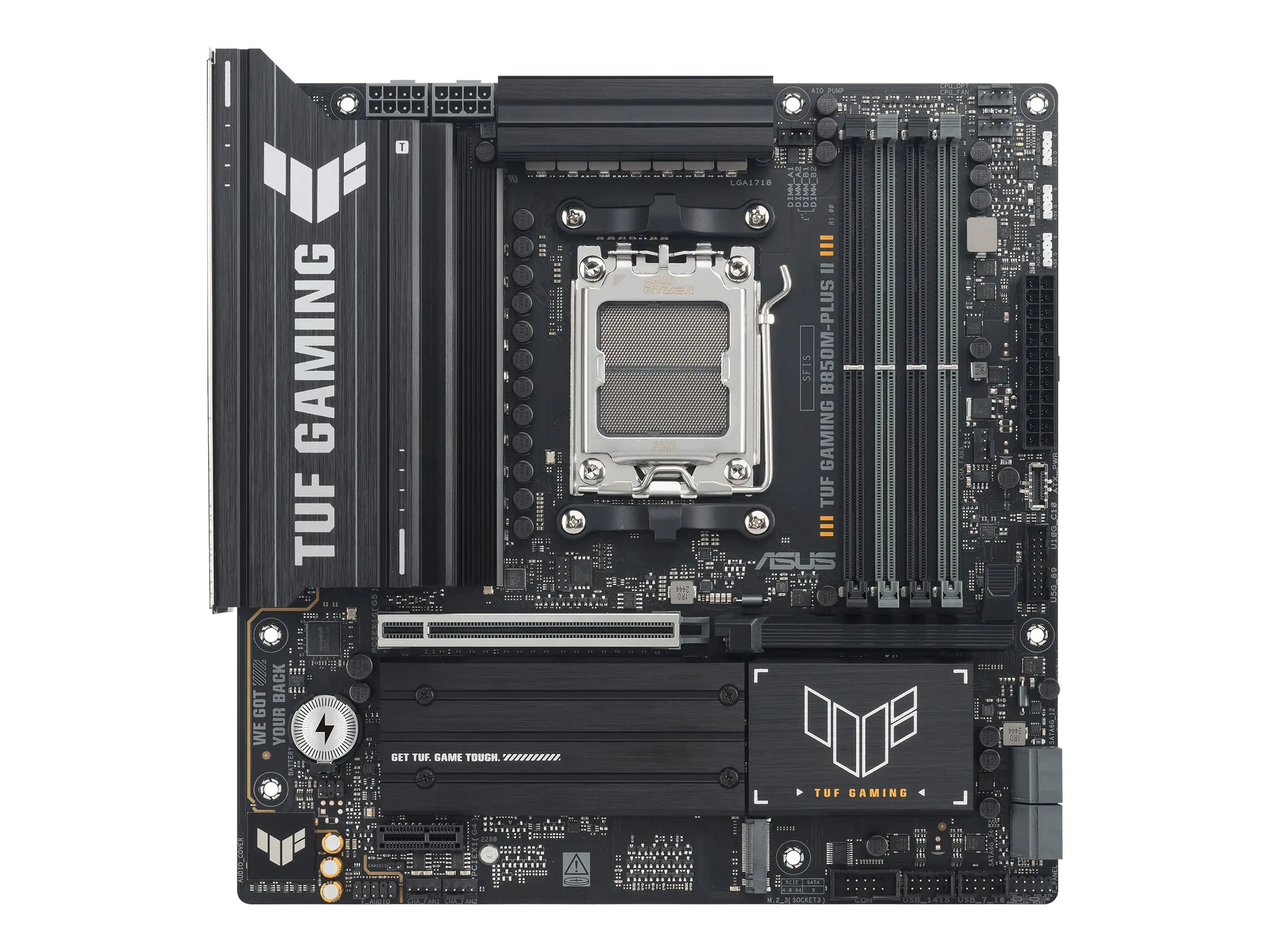 ASUS TUF GAMING B850M-PLUS II - Motherboard - micro ATX - Socket AM5 - AMD B850 Chipsatz - USB-C 3.2 Gen 2x2, USB-C 3.2 Gen2, USB 3.2 Gen 2, USB 3.2 Gen 1 - 2.5 Gigabit LAN - Onboard-Grafik (CPU erforderlich) - HD Audio (8-Kanal)