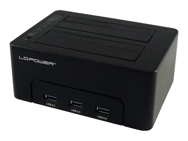 LC Power LC-DOCK-U3-HUB - HDD-Dockingstation mit Netzanzeige, 3-Port-USB-Hub, Ein/Aus-Schalter, Klon-Funktion Schächte: 2 - 2,5" / 3,5" gemeinsam genutzt (6,4 cm/8,9 cm gemeinsam genutzt) - SATA - USB 3.0 - Schwarz