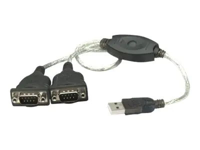 Manhattan USB-A to 2x Serial Ports Converter cable, 45cm, Male to Male, Serial/RS232/COM/DB9, Prolific PL-2303RA Chip, Black/Silver cable, Three Year Warranty, Blister - Serieller Adapter - USB 2.0 - RS-232 x 2 - Schwarz, Silber
