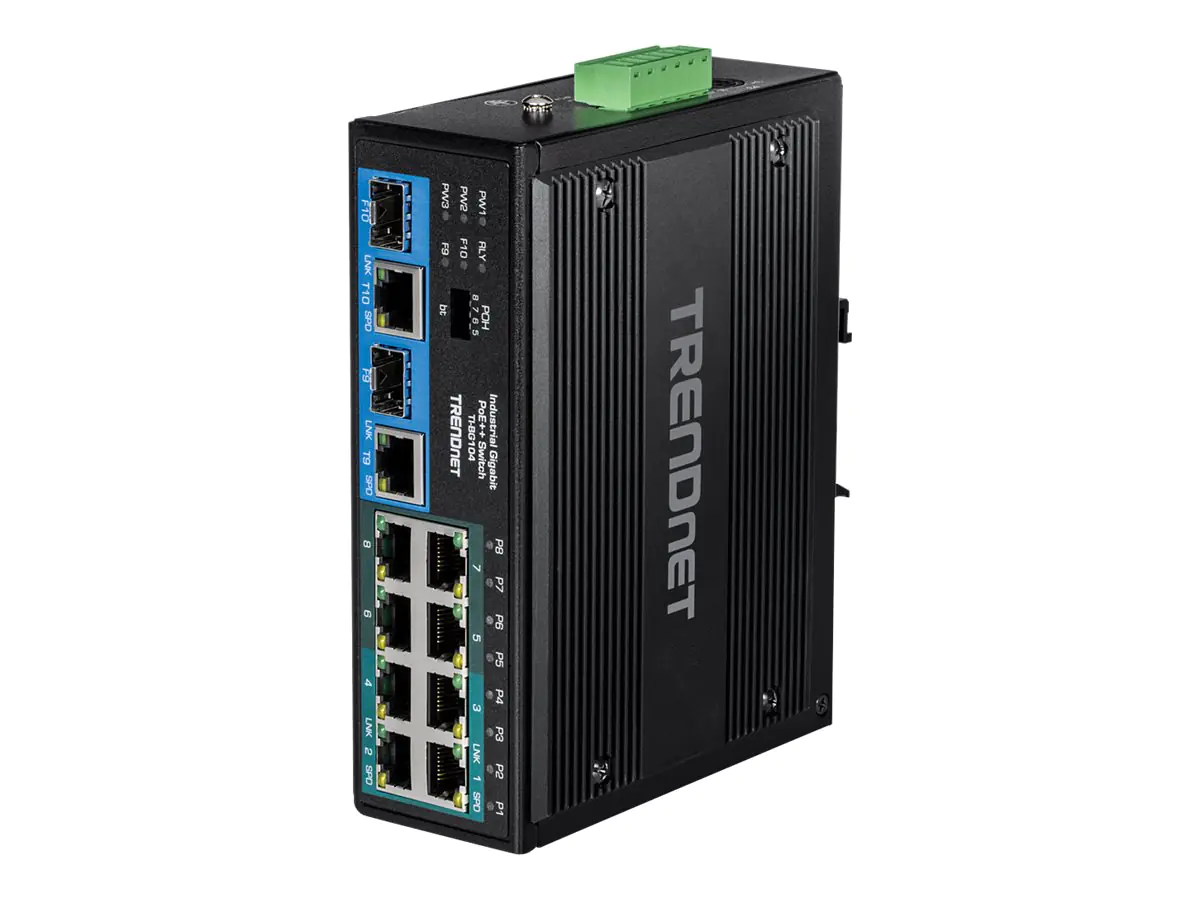 TRENDnet TI-BG104 - Switch - industriell - unmanaged - 4 x 10/100/1000 (PoE++) + 4 x 10/100/1000 (PoE+) + 2 x Combo Gigabit SFP/RJ-45 - an DIN-Schiene montierbar, wandmontierbar - PoE++ (360 W) - AC 120/230 V/DC 48 - 56 V - TAA-konform
