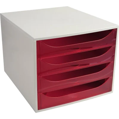 Exacompta Schubladenbox ECOBOX 4 Schubladen DIN A4, Überbreite Polystyrol Gehäusefarbe: grau Farbe der Schublade: himbeerfarben transluzent