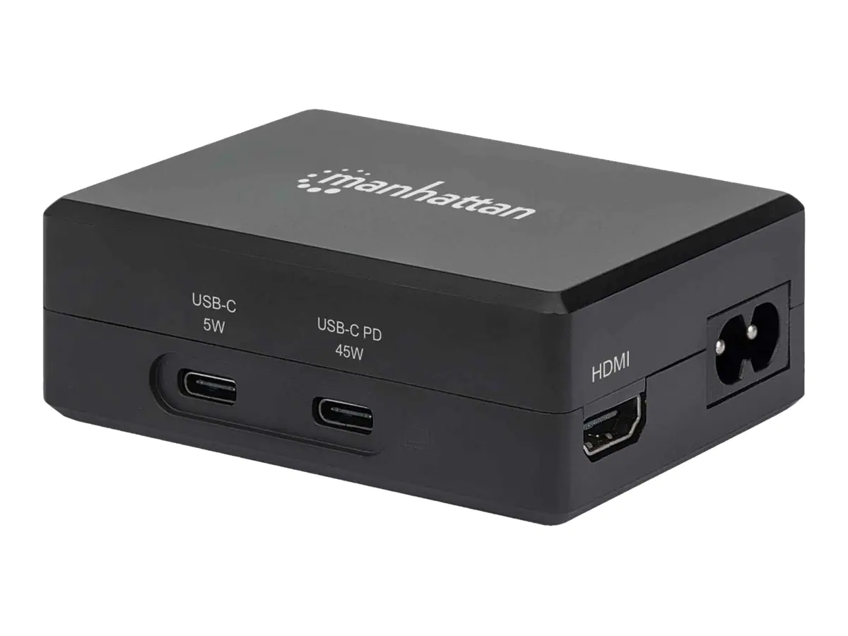 Manhattan Smart Video Multiport Dock, Ports (x5): HDMI Port, USB-A (x2), USB-C (x2), With Power Delivery to USB-C Port, Internal Power Supply, Ultra-Compact, Detachable Power Cable, Black, Three Year Warranty, Retail Box - Videoadapter - USB Typ A, 24 pin