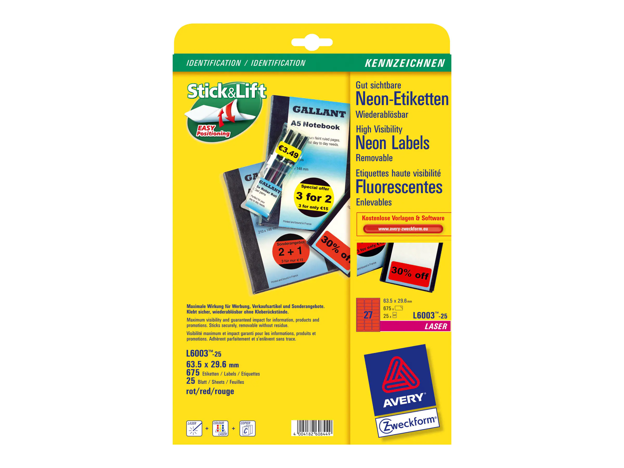 Avery Zweckform Etikett L6003-25 63,5x29,6mm neonrot 675 St./Pack.