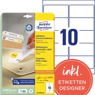 Avery Zweckform Etikett L4744REV-25 96x50,8mm weiß 300 St./Pack. Avery Zweckform Etikett L4744REV-25 96x50,8mm weiß 300 St./Pack.