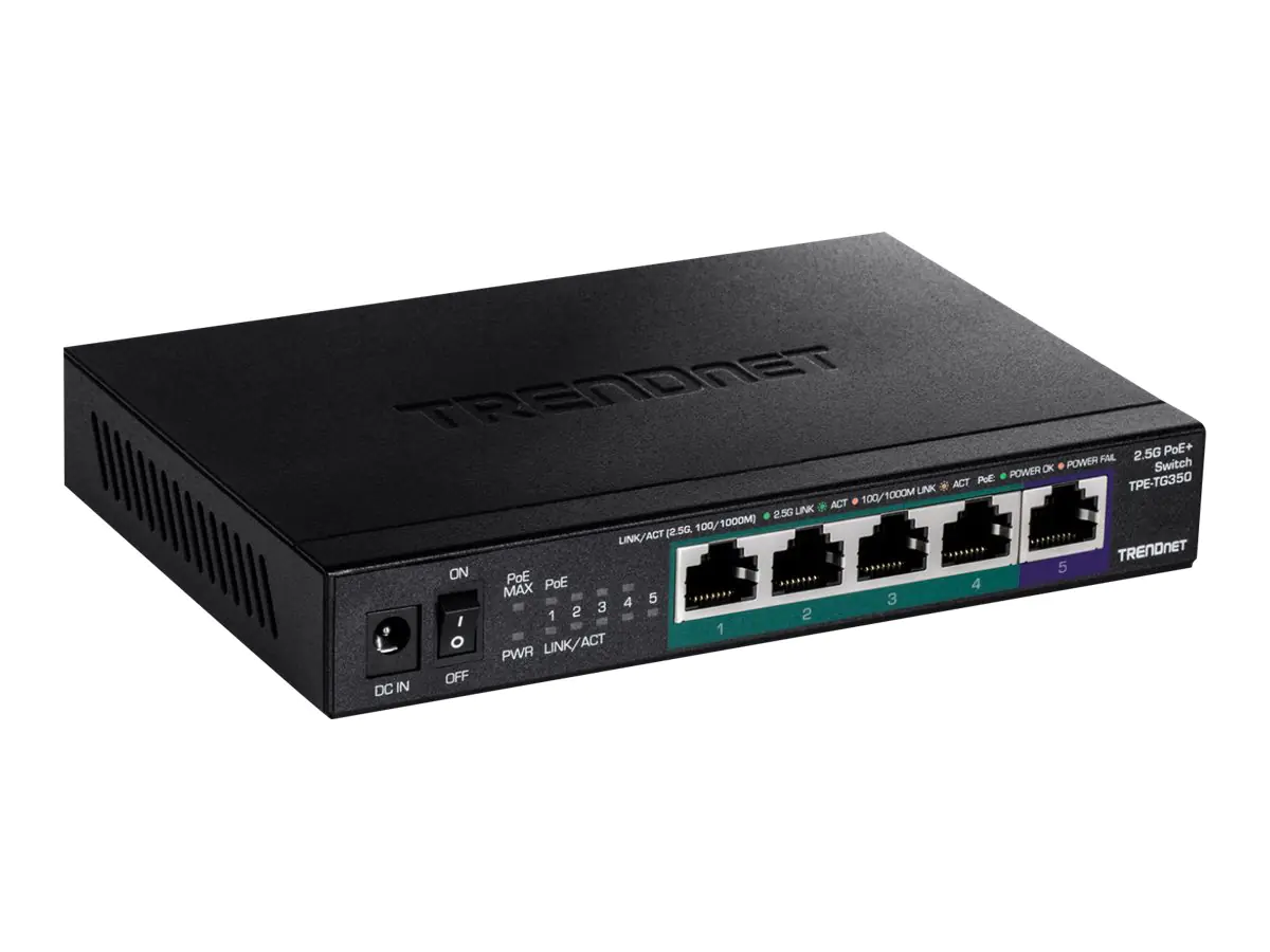 TRENDnet TPE TG350 - Switch - unmanaged - 4 x 10/100/1000/2.5G (PoE+) + 1 x 100/1000/2.5G - Desktop, wandmontierbar - PoE+ (55 W) - TAA-konform