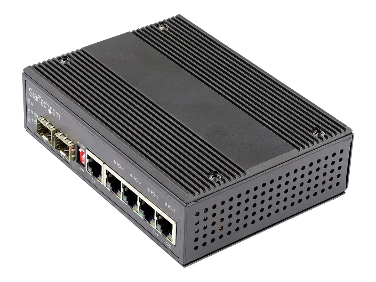 StarTech Industrial 6 Port Gigabit Ethernet Switch - 4 PoE RJ45 +2 SFP Slots 30W PoE+ 12-48VDC 10/100/1000 Power Over Ethernet LAN Switch -40°C bis 75°C Hutschienenmontage (IES1G52UP12V) - Switch - 1 x 10/100/1000 + 4 x 10/100/1000 (PoE+) + 2 x SFP - an D