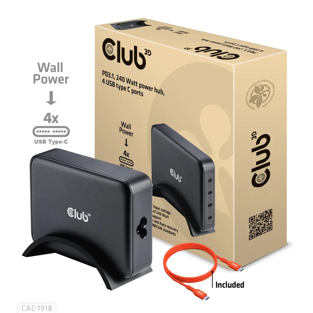 Club 3D - Netzteil - GaN-Technologie - 240 Watt - PD 3.1/PPS - 4 Ausgabeanschlussstellen (24 pin USB-C)