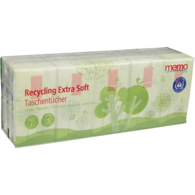 memo Papiertaschentuch Recycling Extra Soft 20 x 21 cm (B x H) 4-lagig Papier, 100 % recycelt weiß 15 x 10 St./Pack. memo Papiertaschentuch Recycling Extra Soft 20 x 21 cm (B x H) 4-lagig Papier, 100 % recycelt weiß 15 x 10 St./Pack.