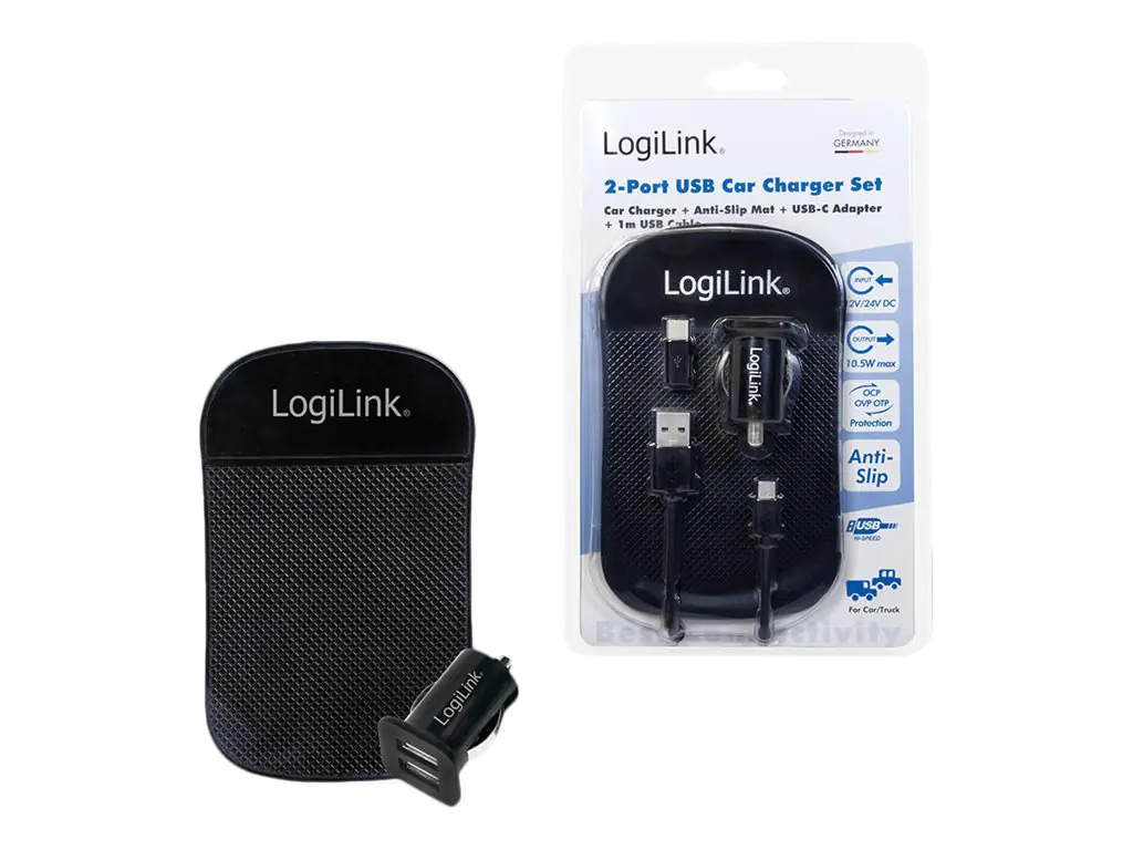 LogiLink - Auto-Netzteil - 10.5 Watt - 2.1 A - 2 Ausgabeanschlussstellen (2 x USB) - auf Kabel: Micro-USB, USB-C - Schwarz