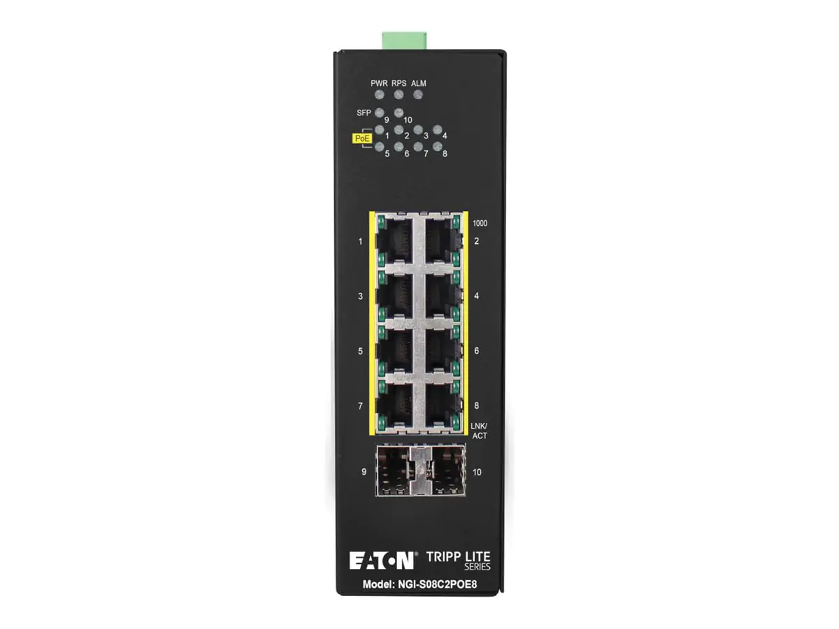 Tripp Eaton Tripp Lite series 8-Port Lite Managed Industrial Gigabit Ethernet Switch - 10/100/1000 Mbps, PoE+ 30W, 2 GbE SFP Slots, -10° to 60°C, DIN Mount - Switch - Smart - 8 x 10/100/1000 (PoE+) NGI-S08C2POE8