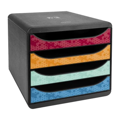 Exacompta Schubladenbox BIG-BOX 4 Schubladen DIN A4, Überbreite Polystyrol Gehäusefarbe: schwarz Farbe der Schublade: mehrfarbig Exacompta Schubladenbox BIG-BOX 4 Schubladen DIN A4, Überbreite Polystyrol Gehäusefarbe: schwarz Farbe der Schublade: mehrfarbig