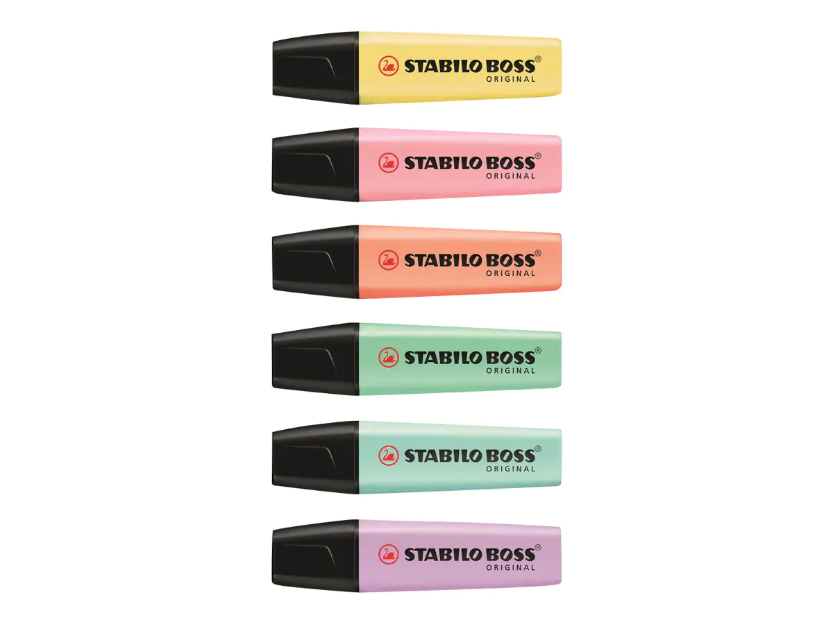 STABILO BOSS ORIGINAL - Textmarker - Blush Pink, cremig pfirsichfarben, Milky Yellow, ein Hauch von türkis, Spur Minze, lila Nebel - wasserbasierte Tinte - 2-5 mm (Packung mit 6) 70/6-2