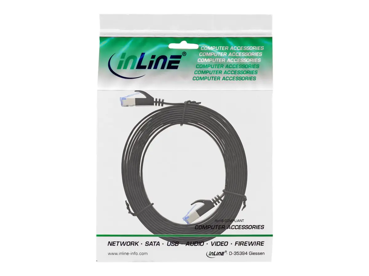 InLine - Patch-Kabel - RJ-45 (M) bis RJ-45 (M) - 3 m - U/FTP, PiMF - CAT 6a - geformt, flach - Schwarz