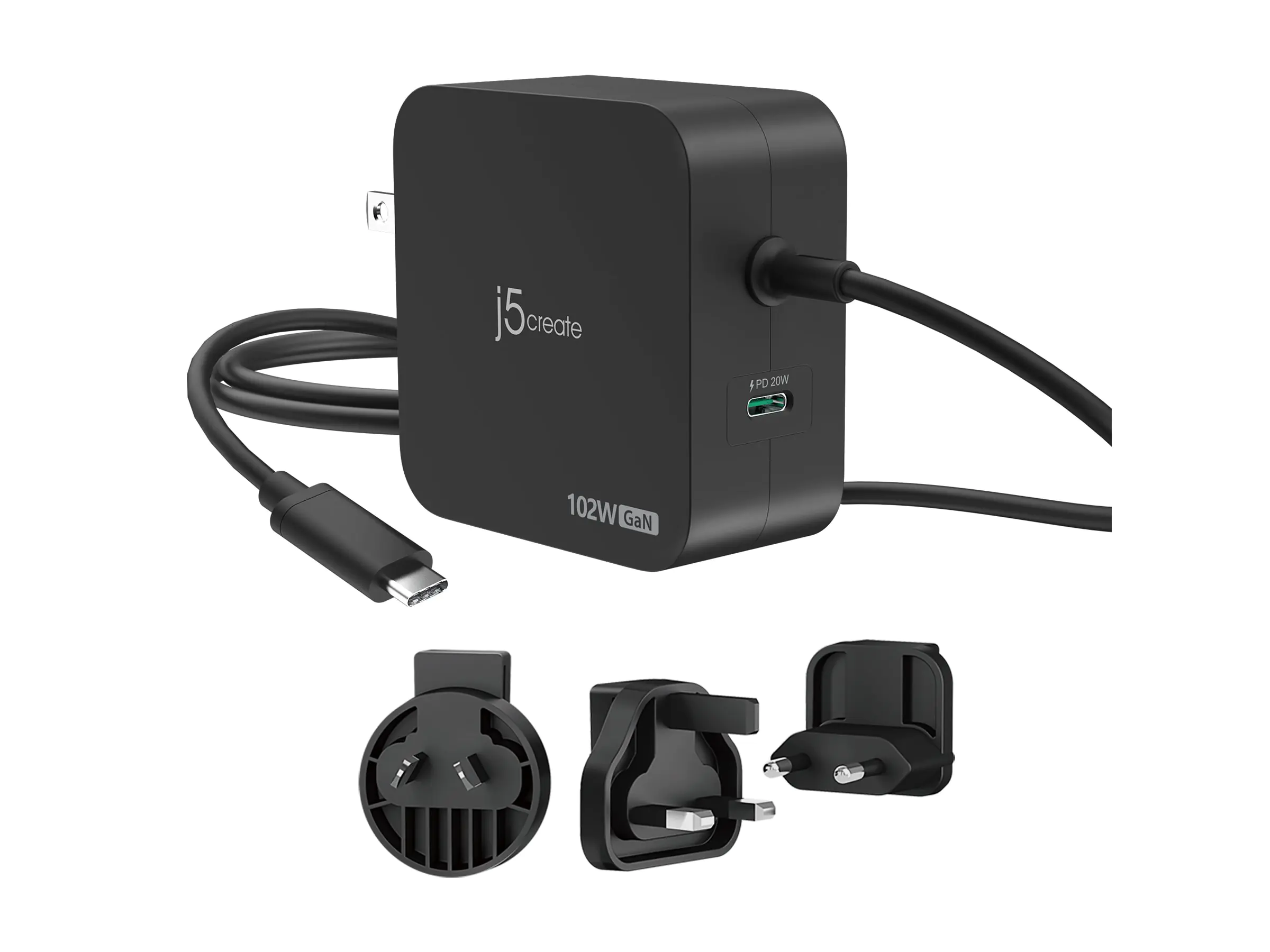 j5create JUP25102V - Netzteil - GaN - 102 Watt - PD 3.0, Smart IC - 2 Ausgabeanschlussstellen (USB-C) JUP25102V-N