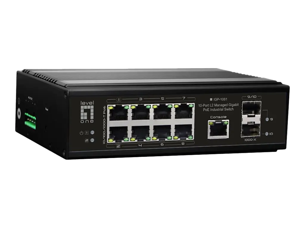 LevelOne IGP-1061 - Switch - -40 °C bis 75 °C - managed - 2 x 10/100/1000 (PoE++) + 6 x 10/100/1000 (PoE+) + 2 x Gigabit SFP - Desktop, an DIN-Schiene montierbar, wandmontierbar - PoE++ (360 W) - DC power