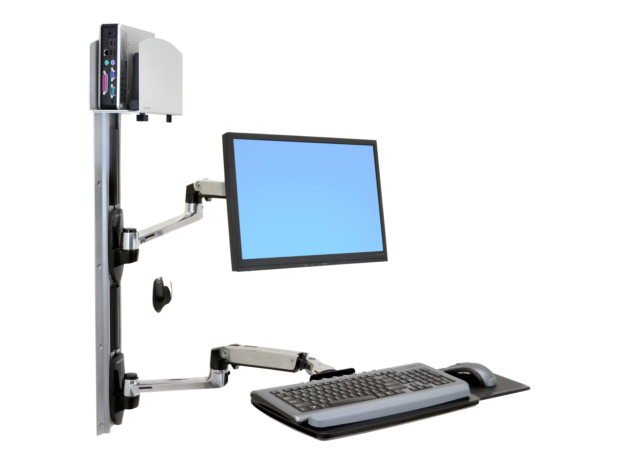 Ergotron LX Wall Mount System - Befestigungskit (Wandarm, Maushalterung, 2 Schienenabdeckungen, Tastaturarm, 2 Kabelkanäle, Handgelenkkissen, Wandschiene 10", Wandschiene 34", CPU Abstandhalter, Montagesystem mit CPU-Halterung und Armen, medium CPU