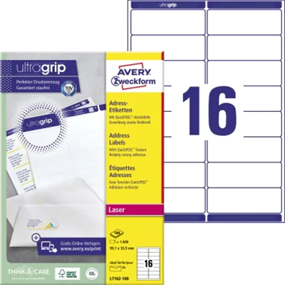 Avery Zweckform Adressetikett ultragrip 99,1 x 33,9 mm (B x H) Papier weiß 1.600 Etik./Pack. Avery Zweckform Adressetikett ultragrip 99,1 x 33,9 mm (B x H) Papier weiß 1.600 Etik./Pack.