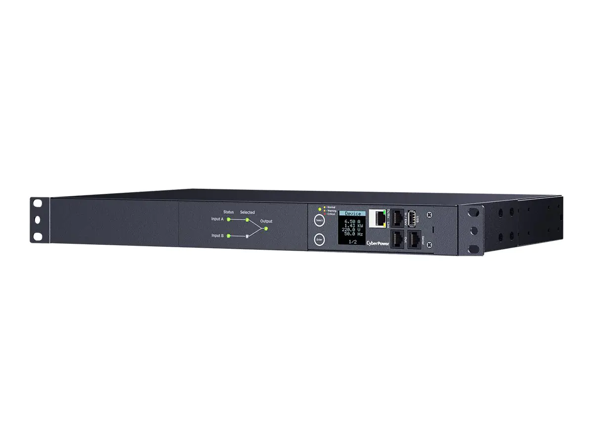 CyberPower Metered ATS Series PDU24005 - Stromverteilungseinheit (Rack - einbaufähig) - Wechselstrom 200-240 V - 1-phasig - serial - Eingabe, Eingang 2 x IEC 60320 C20 - Ausgangsanschlüsse: 10 (2 x IEC 60320 C19, 8x IEC 60320 C13) - 1U - 3.05 m Schnur - S