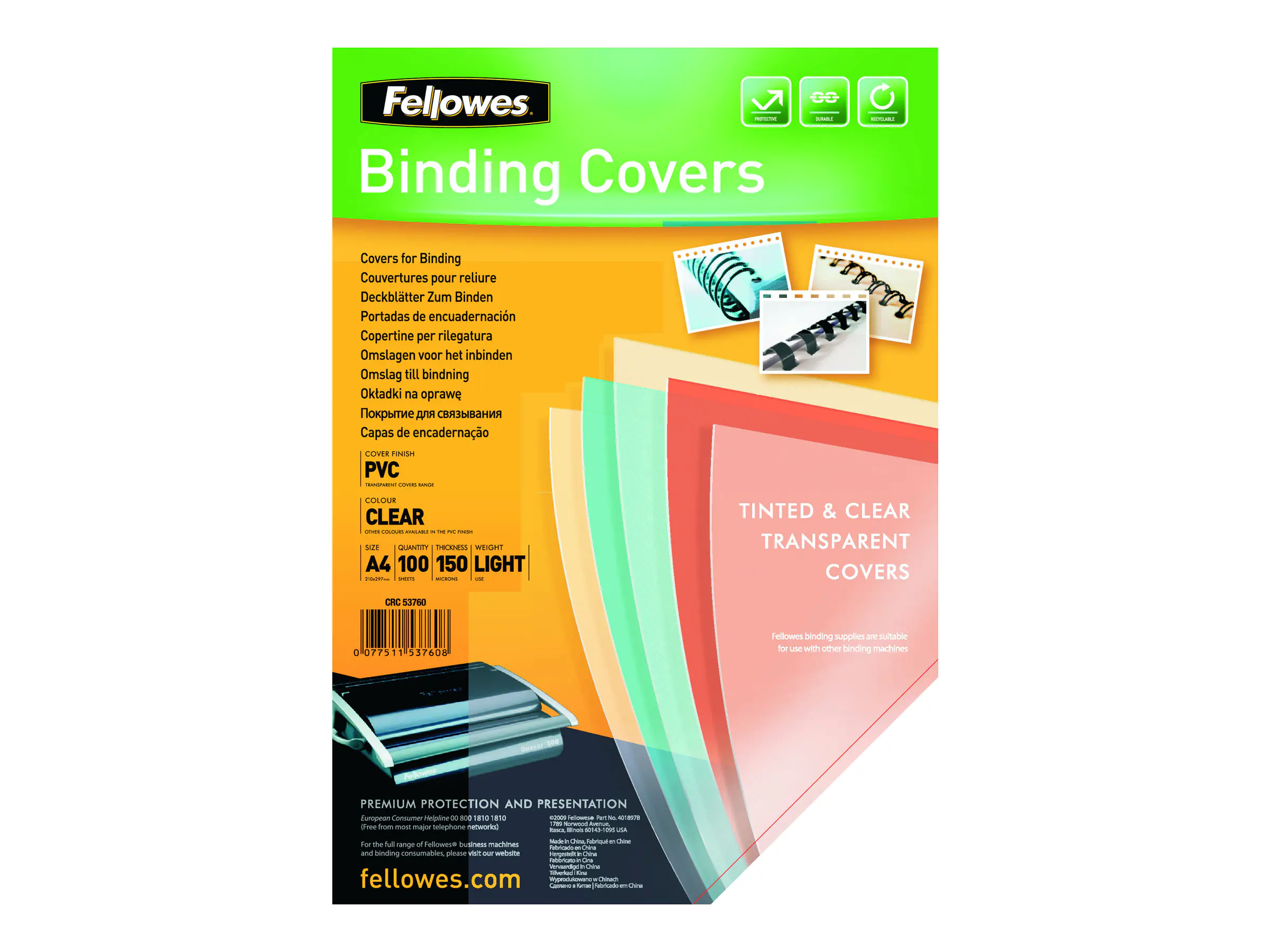 Fellowes Deckblatt 5376001 DIN A4 150mic transparent 100 St./Pack.