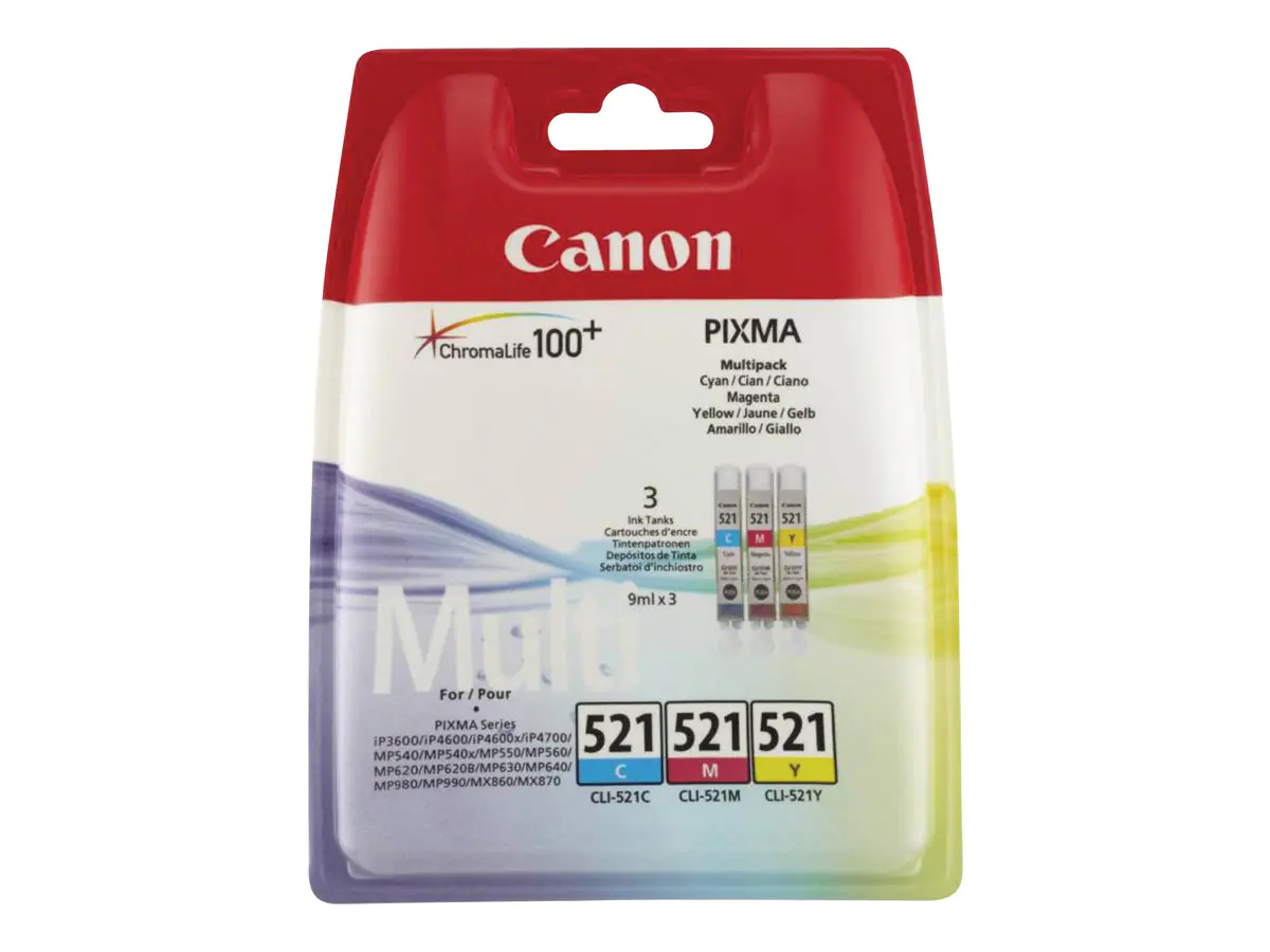 Canon CLI-521 Multipack - 3er-Pack - 9 ml - Gelb, Cyan, Magenta - Original - Tintenbehälter - für PIXMA iP3600, iP4700, MP540, MP550, MP560, MP620, MP630, MP640, MP980, MP990, MX860, MX870 Canon CLI-521 Multipack - 3er-Pack - 9 ml - Gelb, Cyan, Magenta - Original - Tintenbehälter - für PIXMA iP3600, iP4700, MP540, MP550, MP560, MP620, MP630, MP640, MP980, MP990, MX860, MX870