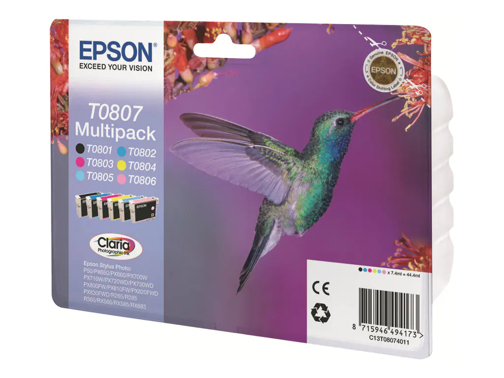 Epson T0807 Multipack - 6er-Pack - 44.4 ml - Schwarz, Gelb, Cyan, Magenta, hellmagentafarben, hell Cyan - Original - Blisterverpackung - Tintenpatrone - für Stylus Photo P50, PX650, PX660, PX700, PX710, PX720, PX730, PX800, PX810, PX820, PX830