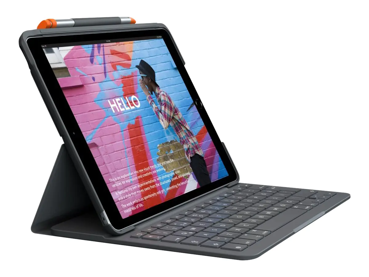 Logitech Slim Folio - Tastatur und Foliohülle - kabellos - Bluetooth - Pan Nordisch - Graphite - für Apple 10.2-inch iPad (7. Generation, 8. Generation, 9. Generation) 920-009479